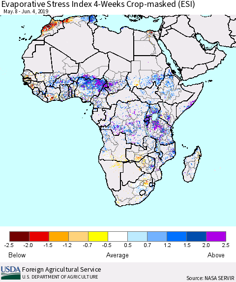 Africa Evaporative Stress Index (ESI), 4-Weeks over Croplands Thematic Map For 6/3/2019 - 6/9/2019