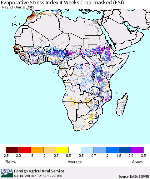 Africa Evaporative Stress Index (ESI), 4-Weeks over Croplands Thematic Map For 6/17/2019 - 6/23/2019