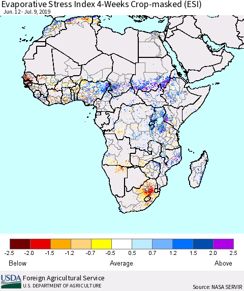 Africa Evaporative Stress Index (ESI), 4-Weeks over Croplands Thematic Map For 7/8/2019 - 7/14/2019
