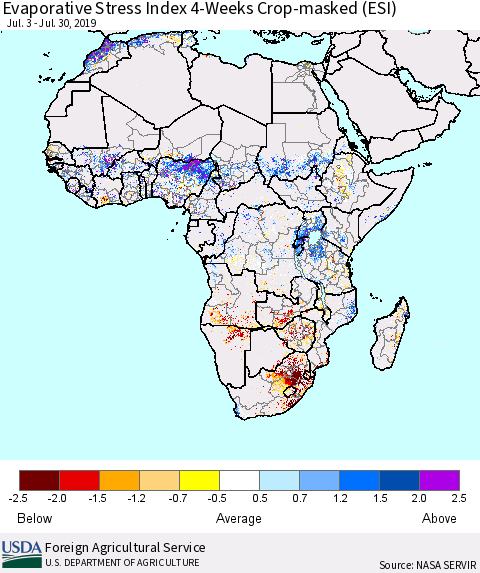 Africa Evaporative Stress Index (ESI), 4-Weeks over Croplands Thematic Map For 7/29/2019 - 8/4/2019