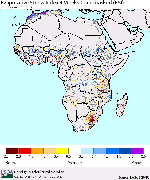 Africa Evaporative Stress Index (ESI), 4-Weeks over Croplands Thematic Map For 8/12/2019 - 8/18/2019