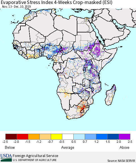 Africa Evaporative Stress Index (ESI), 4-Weeks over Croplands Thematic Map For 12/9/2019 - 12/15/2019