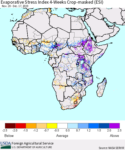 Africa Evaporative Stress Index (ESI), 4-Weeks over Croplands Thematic Map For 12/16/2019 - 12/22/2019
