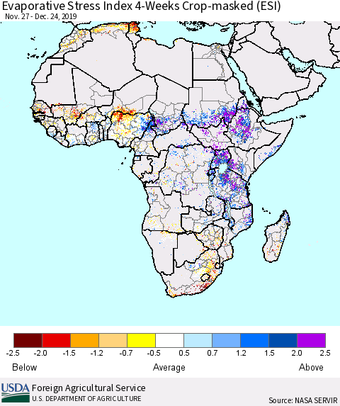 Africa Evaporative Stress Index (ESI), 4-Weeks over Croplands Thematic Map For 12/23/2019 - 12/29/2019