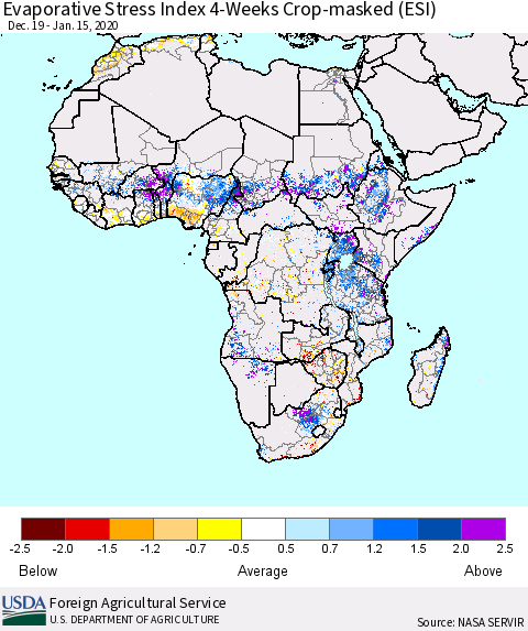 Africa Evaporative Stress Index (ESI), 4-Weeks over Croplands Thematic Map For 1/13/2020 - 1/19/2020