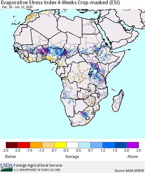 Africa Evaporative Stress Index (ESI), 4-Weeks over Croplands Thematic Map For 1/20/2020 - 1/26/2020