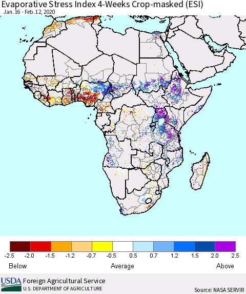 Africa Evaporative Stress Index (ESI), 4-Weeks over Croplands Thematic Map For 2/10/2020 - 2/16/2020