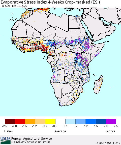 Africa Evaporative Stress Index (ESI), 4-Weeks over Croplands Thematic Map For 2/17/2020 - 2/23/2020
