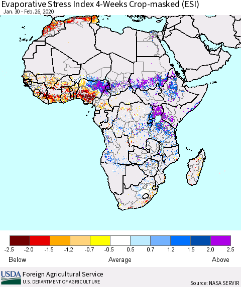 Africa Evaporative Stress Index (ESI), 4-Weeks over Croplands Thematic Map For 2/24/2020 - 3/1/2020