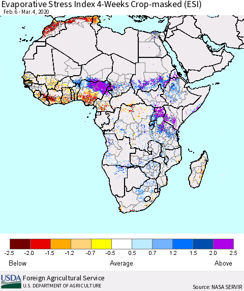 Africa Evaporative Stress Index (ESI), 4-Weeks over Croplands Thematic Map For 3/2/2020 - 3/8/2020