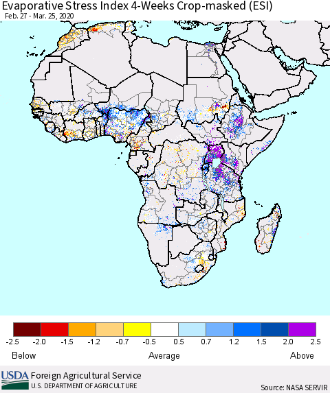 Africa Evaporative Stress Index (ESI), 4-Weeks over Croplands Thematic Map For 3/23/2020 - 3/29/2020