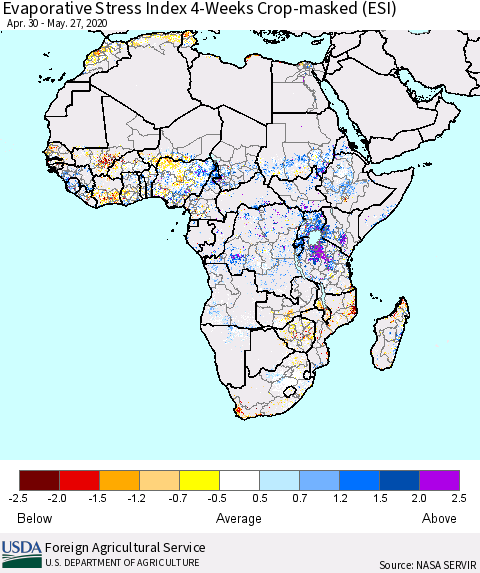 Africa Evaporative Stress Index (ESI), 4-Weeks over Croplands Thematic Map For 5/25/2020 - 5/31/2020
