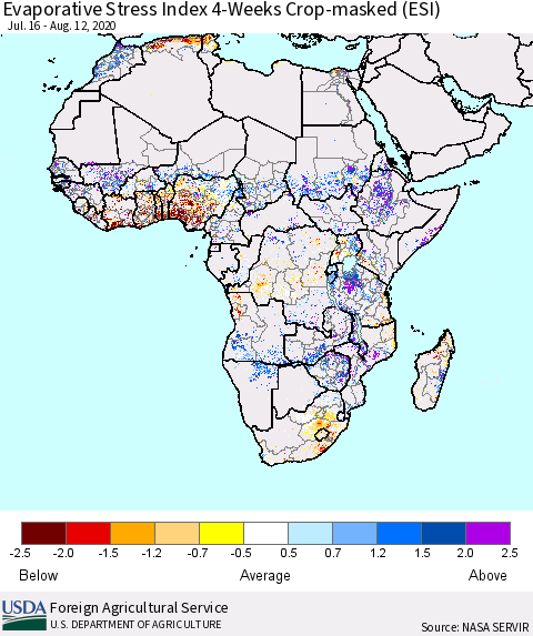 Africa Evaporative Stress Index (ESI), 4-Weeks over Croplands Thematic Map For 8/10/2020 - 8/16/2020