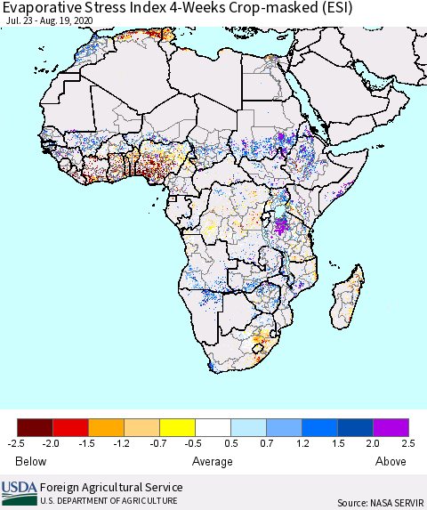 Africa Evaporative Stress Index (ESI), 4-Weeks over Croplands Thematic Map For 8/17/2020 - 8/23/2020