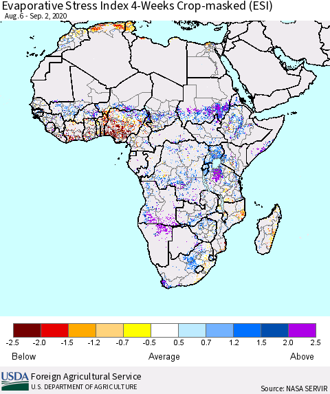 Africa Evaporative Stress Index (ESI), 4-Weeks over Croplands Thematic Map For 8/31/2020 - 9/6/2020