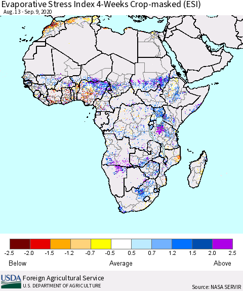 Africa Evaporative Stress Index (ESI), 4-Weeks over Croplands Thematic Map For 9/7/2020 - 9/13/2020