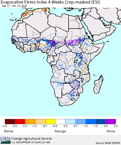 Africa Evaporative Stress Index (ESI), 4-Weeks over Croplands Thematic Map For 10/12/2020 - 10/18/2020
