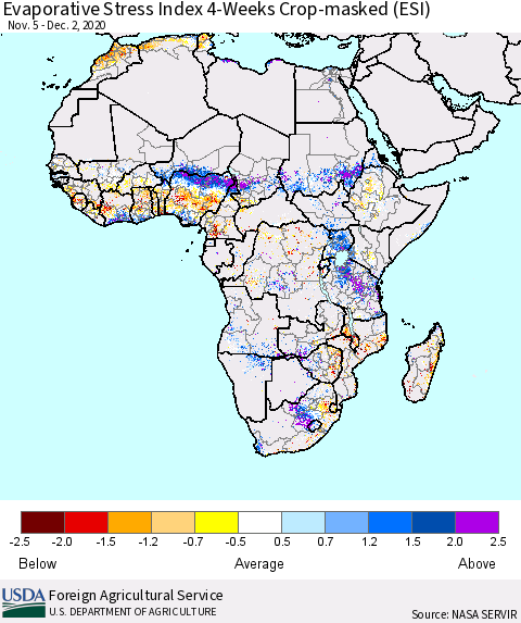 Africa Evaporative Stress Index (ESI), 4-Weeks over Croplands Thematic Map For 11/30/2020 - 12/6/2020