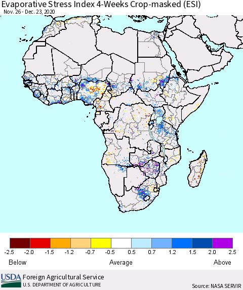Africa Evaporative Stress Index (ESI), 4-Weeks over Croplands Thematic Map For 12/21/2020 - 12/27/2020