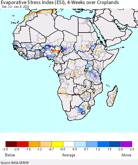 Africa Evaporative Stress Index (ESI), 4-Weeks over Croplands Thematic Map For 1/4/2021 - 1/10/2021