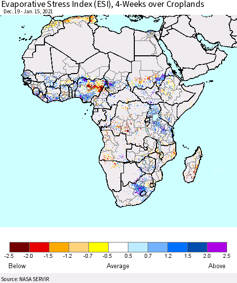 Africa Evaporative Stress Index (ESI), 4-Weeks over Croplands Thematic Map For 1/11/2021 - 1/17/2021