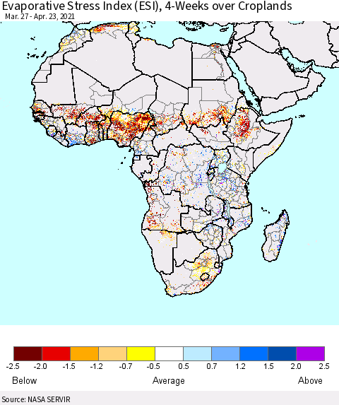 Africa Evaporative Stress Index (ESI), 4-Weeks over Croplands Thematic Map For 4/19/2021 - 4/25/2021