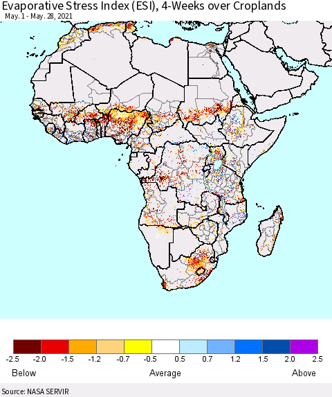 Africa Evaporative Stress Index (ESI), 4-Weeks over Croplands Thematic Map For 5/24/2021 - 5/30/2021
