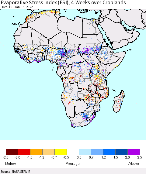 Africa Evaporative Stress Index (ESI), 4-Weeks over Croplands Thematic Map For 1/10/2022 - 1/16/2022