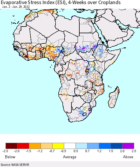 Africa Evaporative Stress Index (ESI), 4-Weeks over Croplands Thematic Map For 1/24/2022 - 1/30/2022