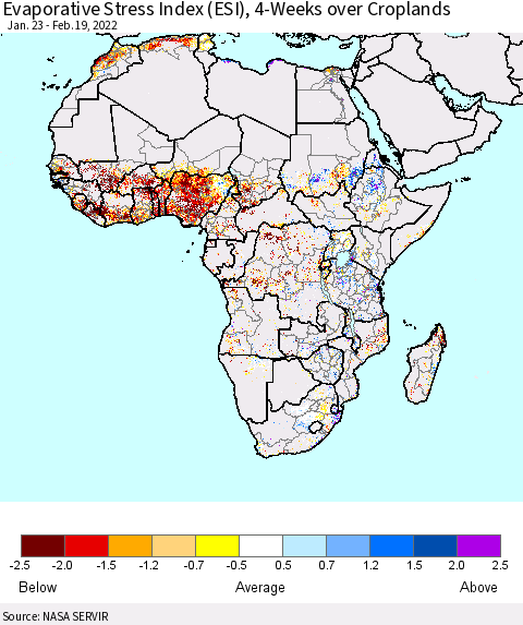 Africa Evaporative Stress Index (ESI), 4-Weeks over Croplands Thematic Map For 2/14/2022 - 2/20/2022