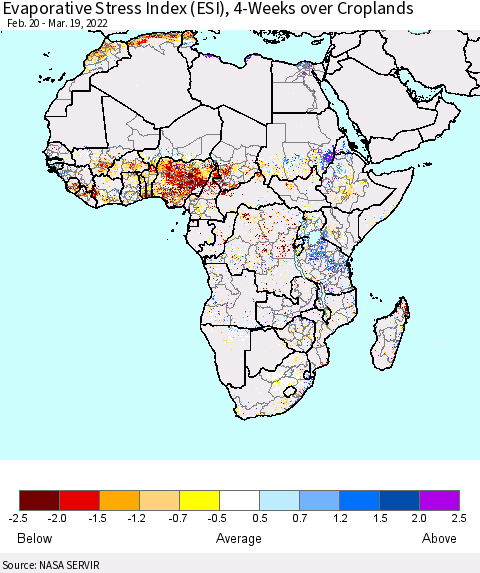 Africa Evaporative Stress Index (ESI), 4-Weeks over Croplands Thematic Map For 3/14/2022 - 3/20/2022