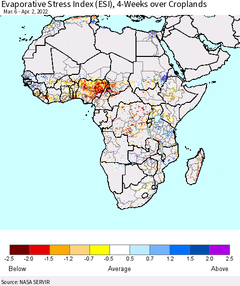 Africa Evaporative Stress Index (ESI), 4-Weeks over Croplands Thematic Map For 3/28/2022 - 4/3/2022