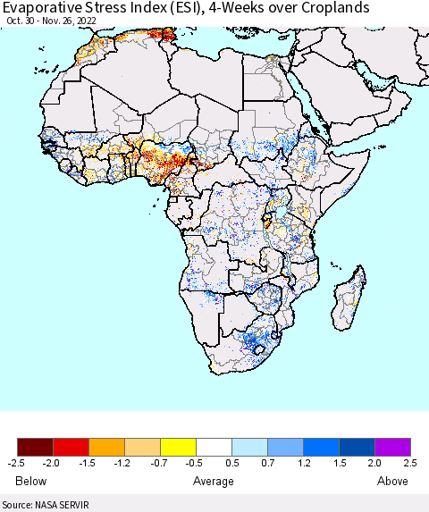 Africa Evaporative Stress Index (ESI), 4-Weeks over Croplands Thematic Map For 11/21/2022 - 11/27/2022