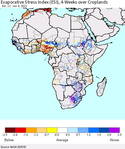 Africa Evaporative Stress Index (ESI), 4-Weeks over Croplands Thematic Map For 1/2/2023 - 1/8/2023