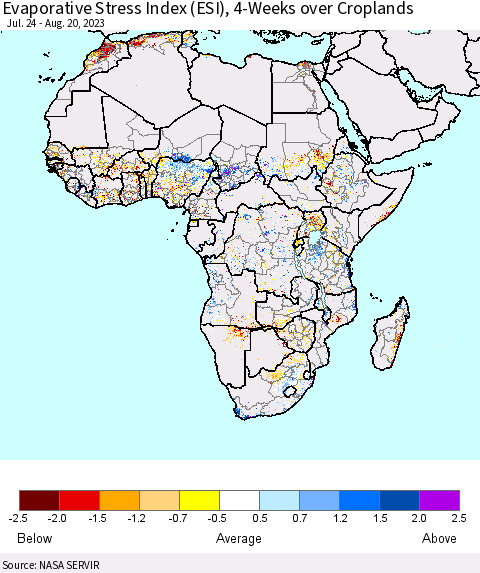 Africa Evaporative Stress Index (ESI), 4-Weeks over Croplands Thematic Map For 8/14/2023 - 8/20/2023