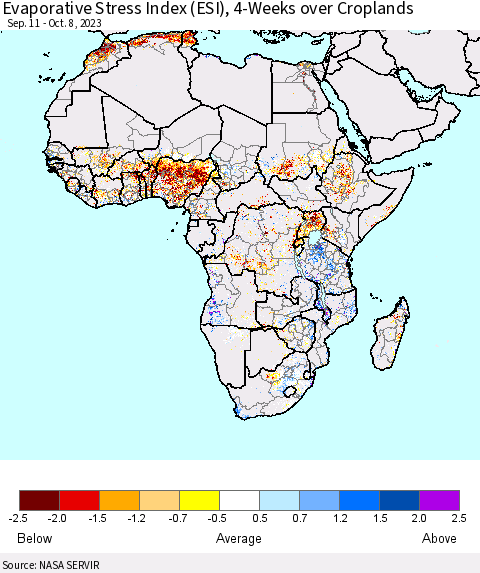 Africa Evaporative Stress Index (ESI), 4-Weeks over Croplands Thematic Map For 10/2/2023 - 10/8/2023
