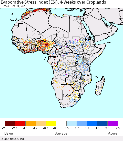 Africa Evaporative Stress Index (ESI), 4-Weeks over Croplands Thematic Map For 1/1/2024 - 1/7/2024