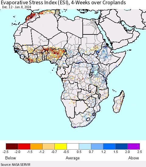 Africa Evaporative Stress Index (ESI), 4-Weeks over Croplands Thematic Map For 1/8/2024 - 1/14/2024