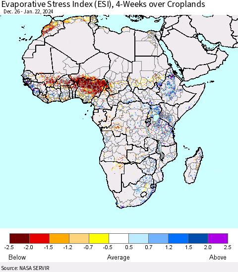 Africa Evaporative Stress Index (ESI), 4-Weeks over Croplands Thematic Map For 1/22/2024 - 1/28/2024