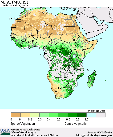 Africa NDVI (Terra-MODIS) Thematic Map For 2/1/2018 - 2/10/2018