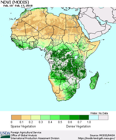 Africa NDVI (Terra-MODIS) Thematic Map For 2/11/2018 - 2/20/2018