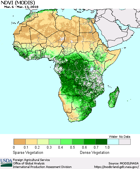 Africa NDVI (Terra-MODIS) Thematic Map For 3/11/2018 - 3/20/2018