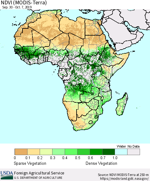 Africa NDVI (Terra-MODIS) Thematic Map For 10/1/2019 - 10/10/2019