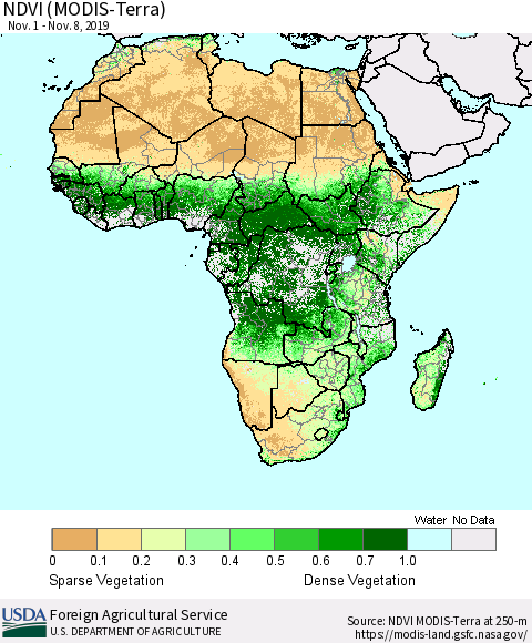 Africa NDVI (Terra-MODIS) Thematic Map For 11/1/2019 - 11/10/2019