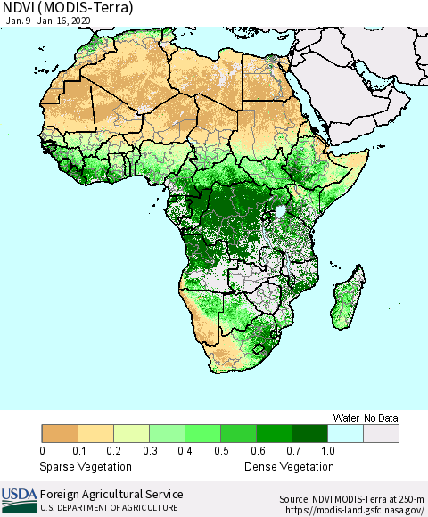Africa NDVI (Terra-MODIS) Thematic Map For 1/11/2020 - 1/20/2020
