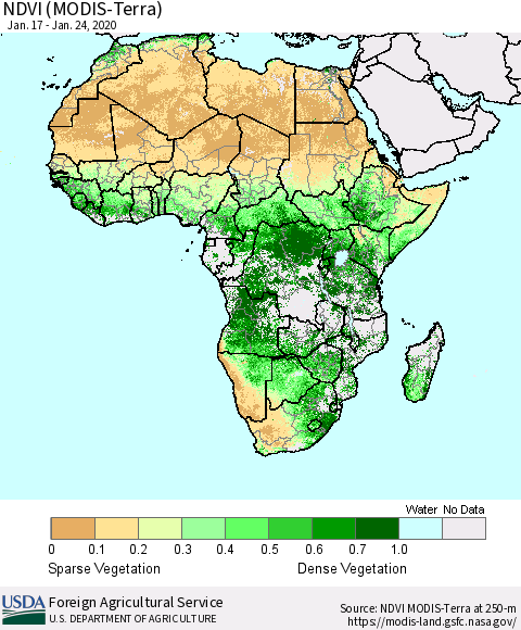 Africa NDVI (Terra-MODIS) Thematic Map For 1/21/2020 - 1/31/2020