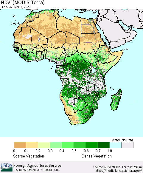 Africa NDVI (Terra-MODIS) Thematic Map For 3/1/2020 - 3/10/2020