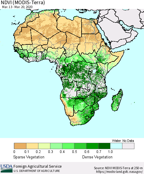 Africa NDVI (Terra-MODIS) Thematic Map For 3/11/2020 - 3/20/2020