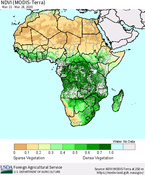 Africa NDVI (Terra-MODIS) Thematic Map For 3/21/2020 - 3/31/2020