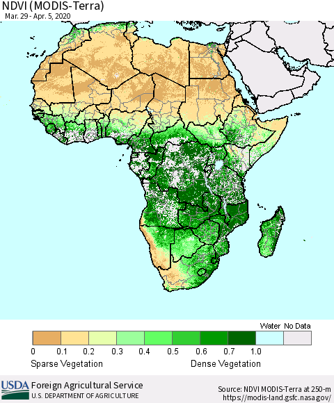 Africa NDVI (Terra-MODIS) Thematic Map For 4/1/2020 - 4/10/2020